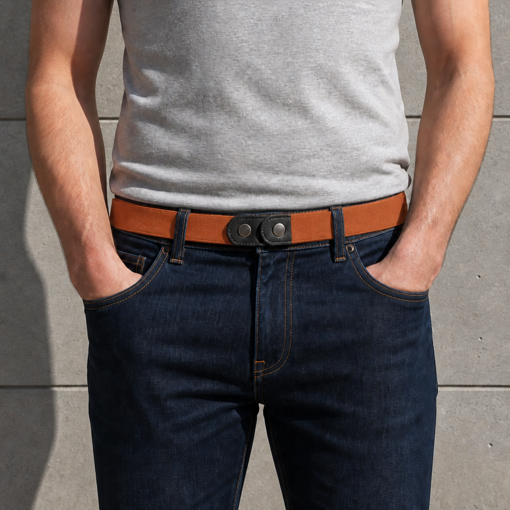 Ceinture élastique sans boucle camel portée à la taille sur un jean, fermeture à pression à plat