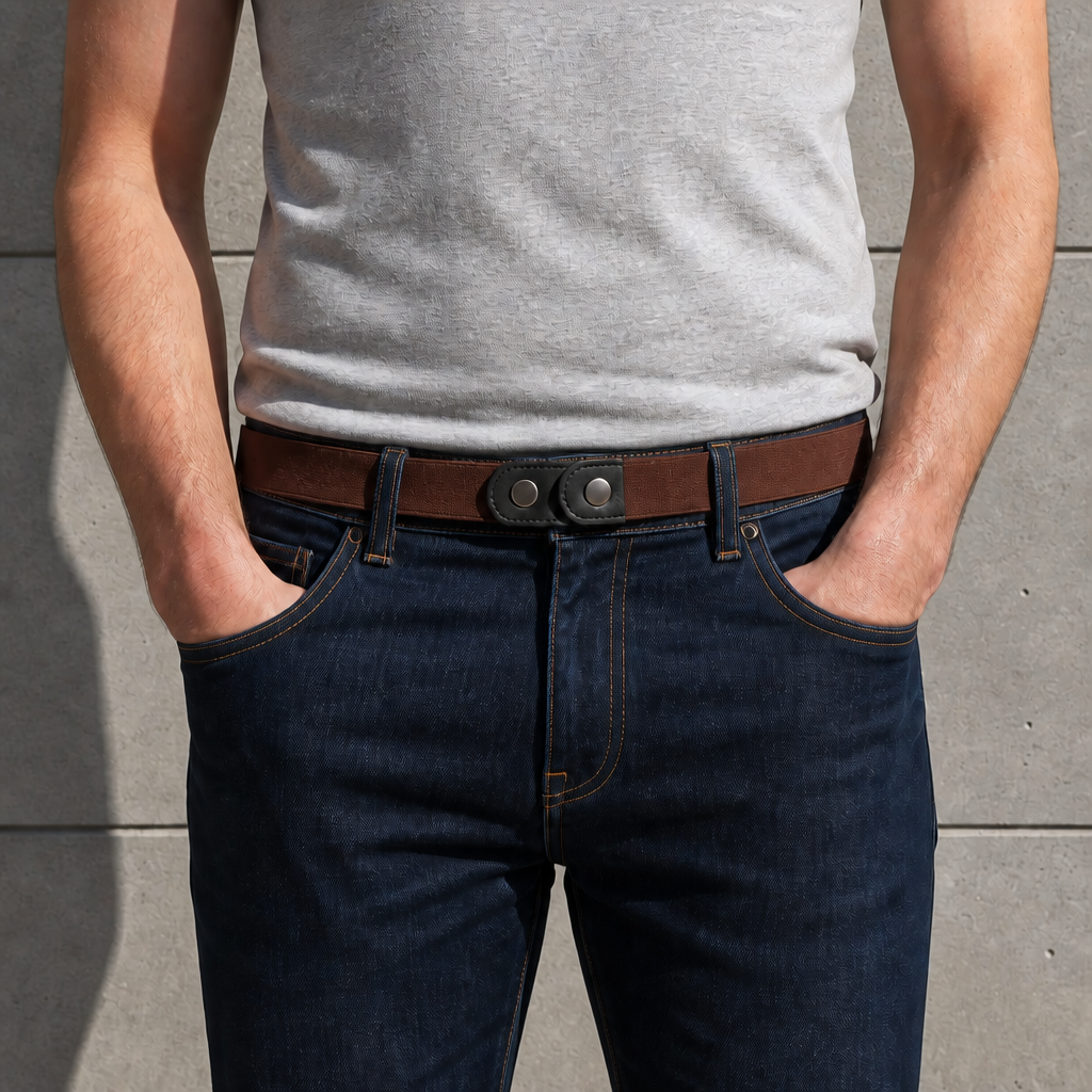 Ceinture élastique sans boucle marron portée à la taille sur un jean, fermeture à pression à plat