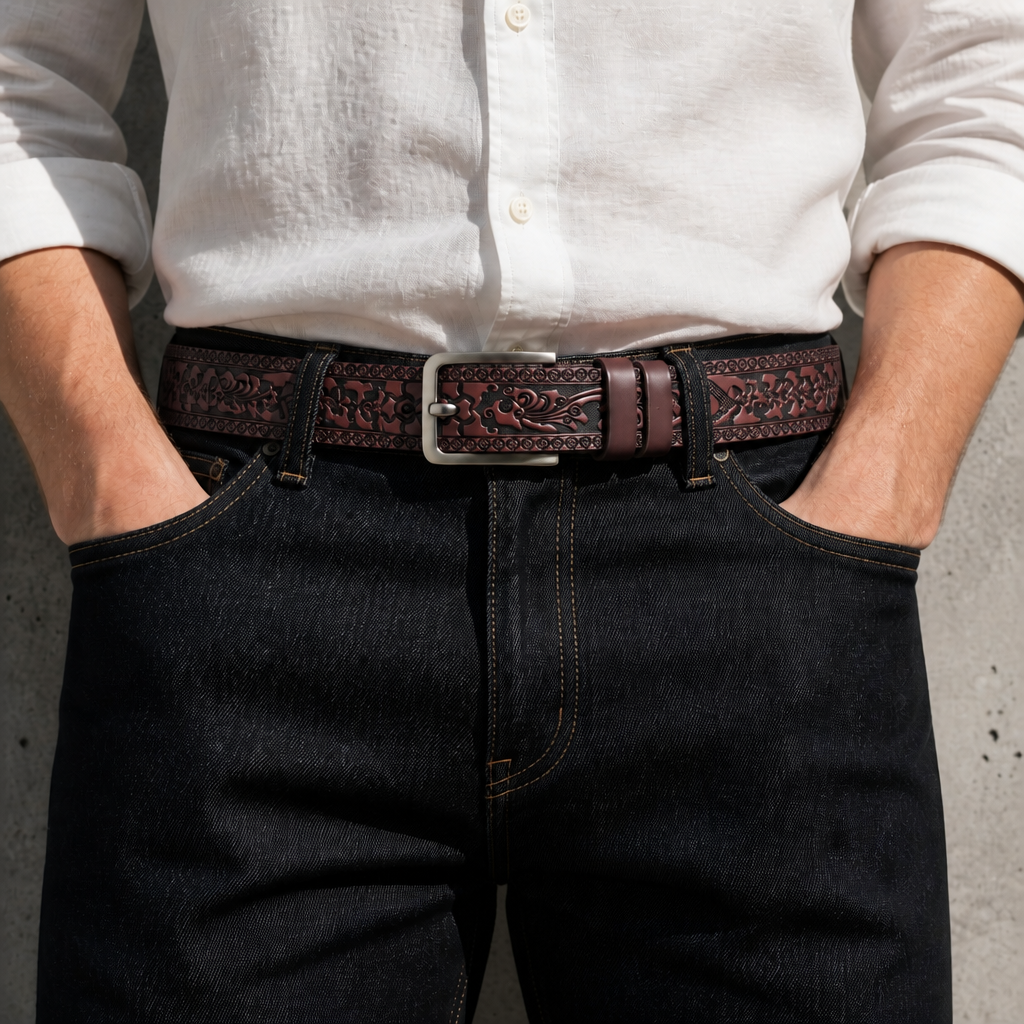 Ceinture mexicaine homme marron portée sur un jean brut