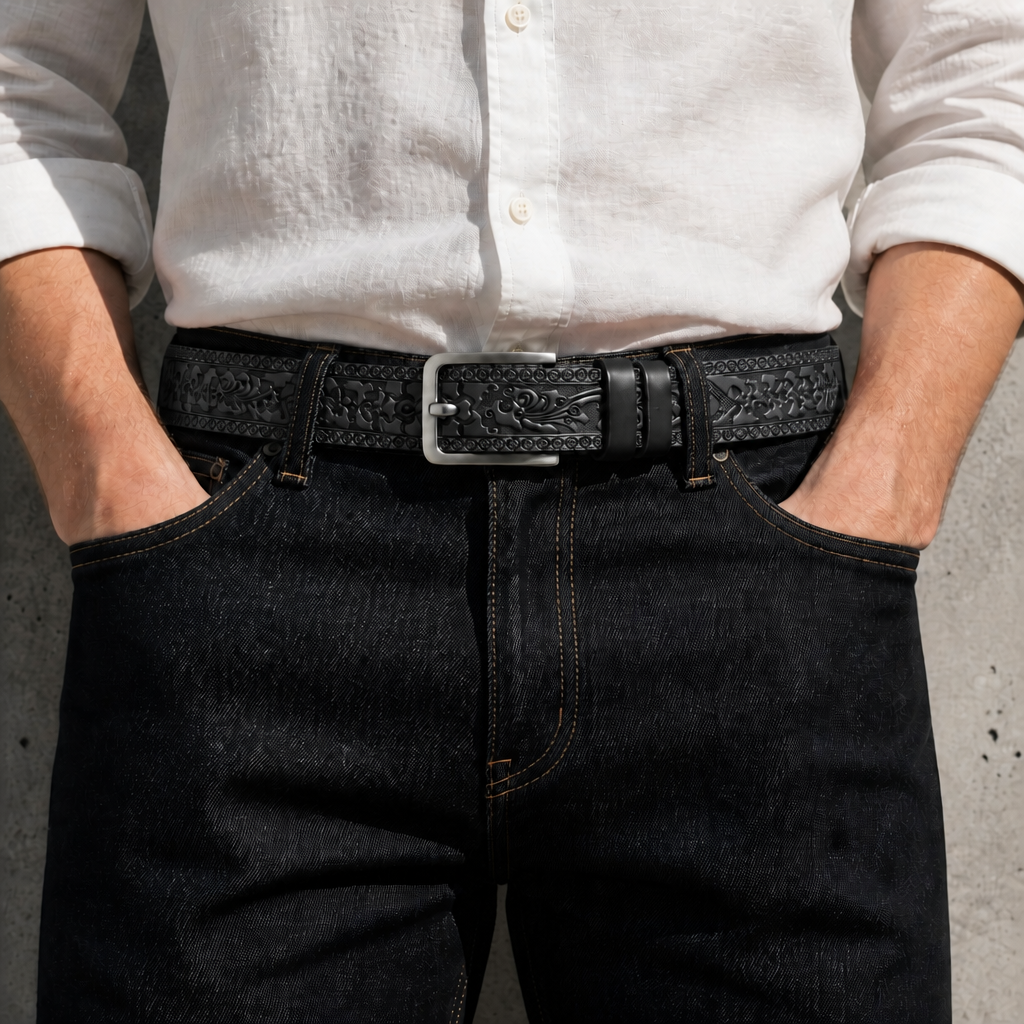 Ceinture mexicaine homme noire portée sur un jean brut et une chemise blanche