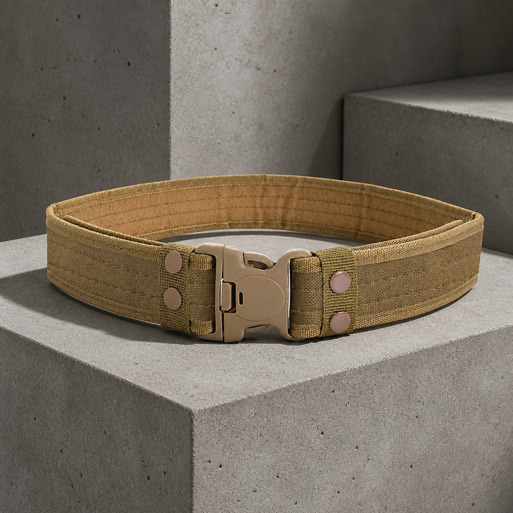 Ceinture militaire homme en toile beige sable, boucle clip, sur béton