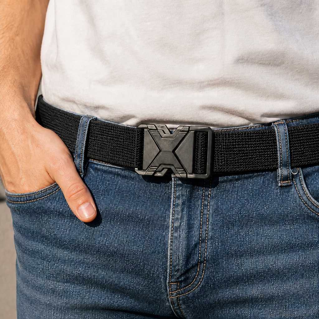 Ceinture nylon homme noire portée sur un jean bleu avec un tee-shirt blanc
