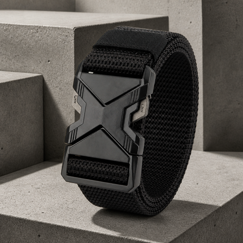 Ceinture nylon homme noire enroulée, boucle clip en métal noir mat en forme de X