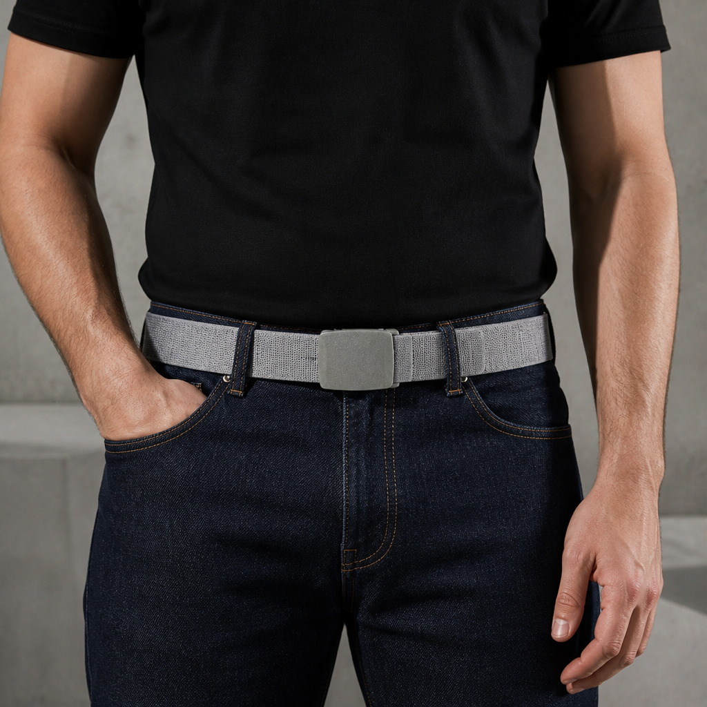 Ceinture sangle homme gris clair portée sur un jean foncé