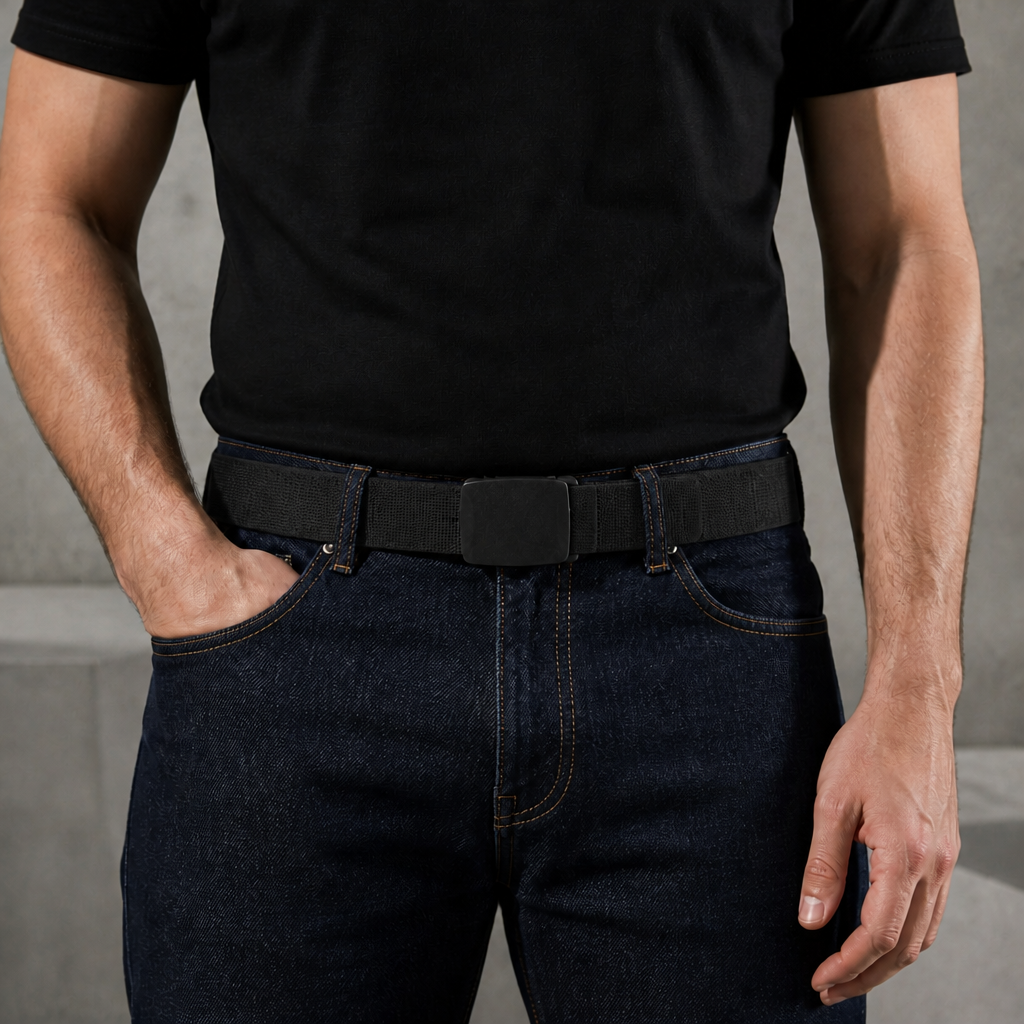 Ceinture sangle homme noire portée sur un jean brut avec un t-shirt noir