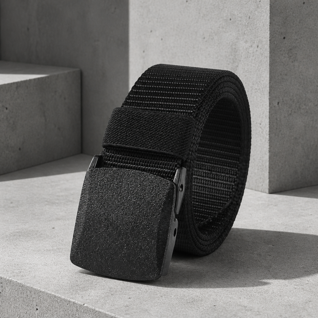 Ceinture sangle homme noire enroulée, boucle plate en polymère noir