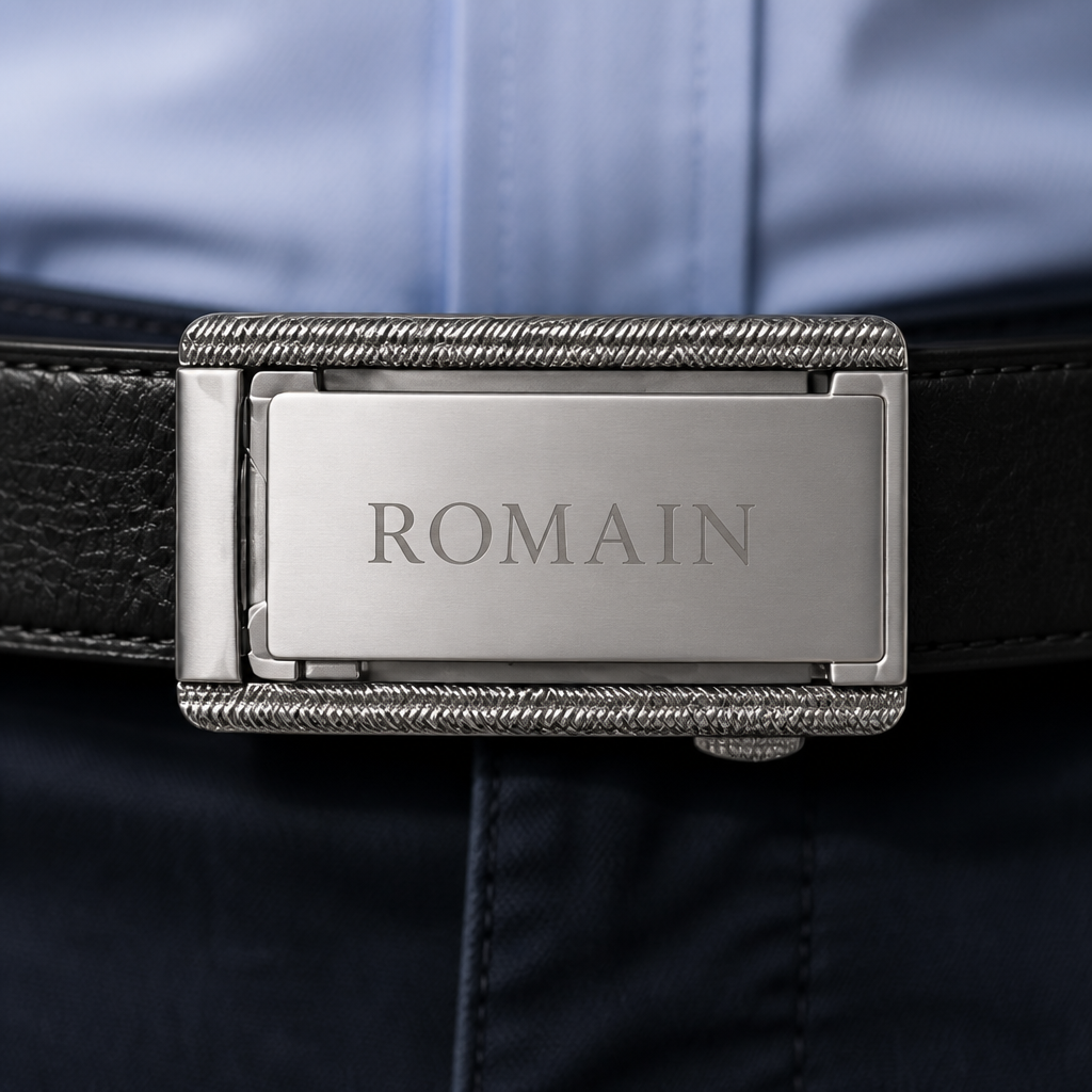 Exemple de gravure du prénom Romain à l'horizontale sur la plaque de la boucle