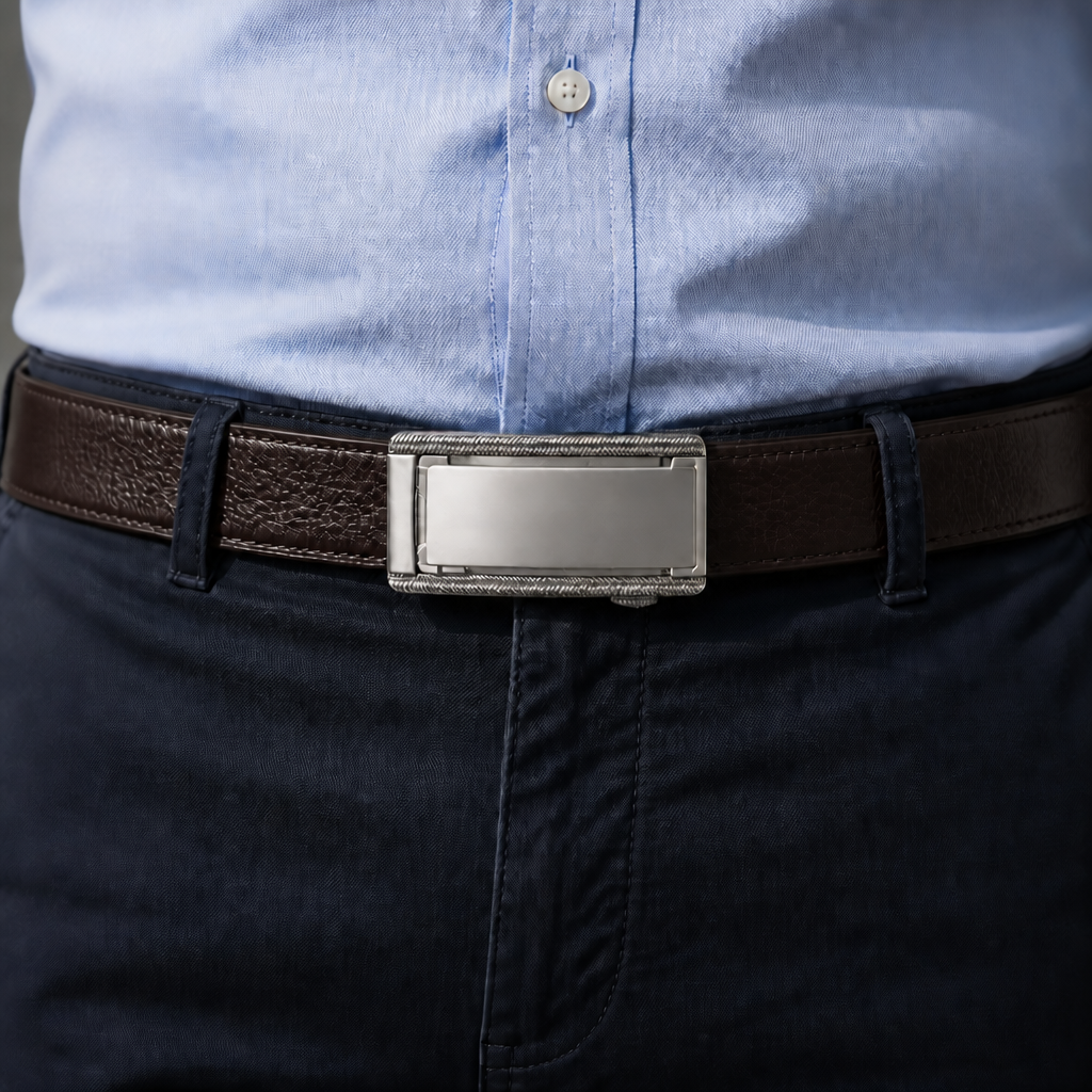 Ceinture personnalisée homme marron portée avec une chemise bleue et un chino