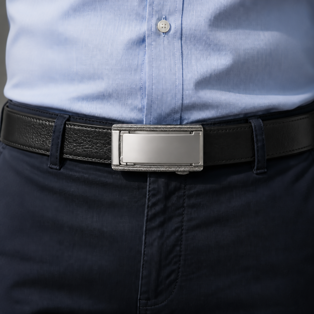 Ceinture personnalisée homme noire portée sur un chino, plaque brossée au centre de la taille