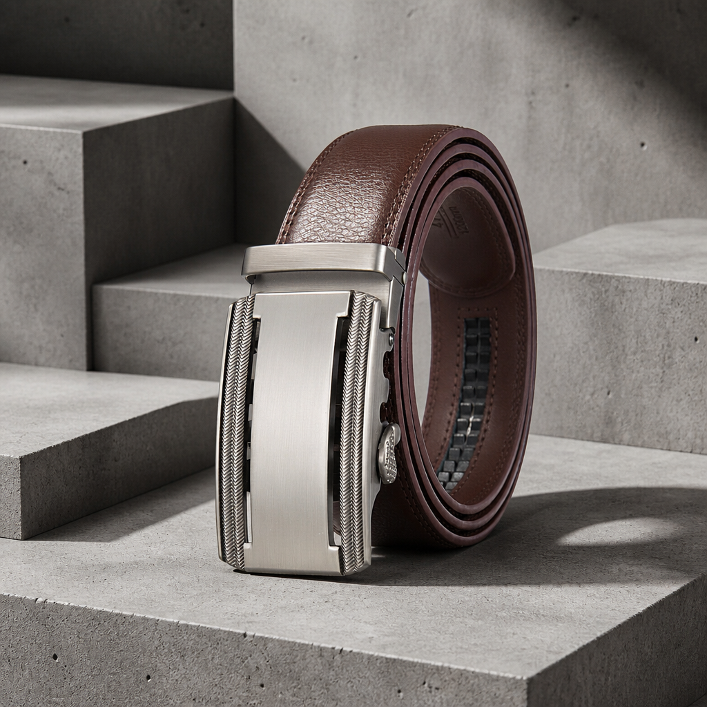 Ceinture personnalisée homme en cuir marron grainé, boucle automatique brossée