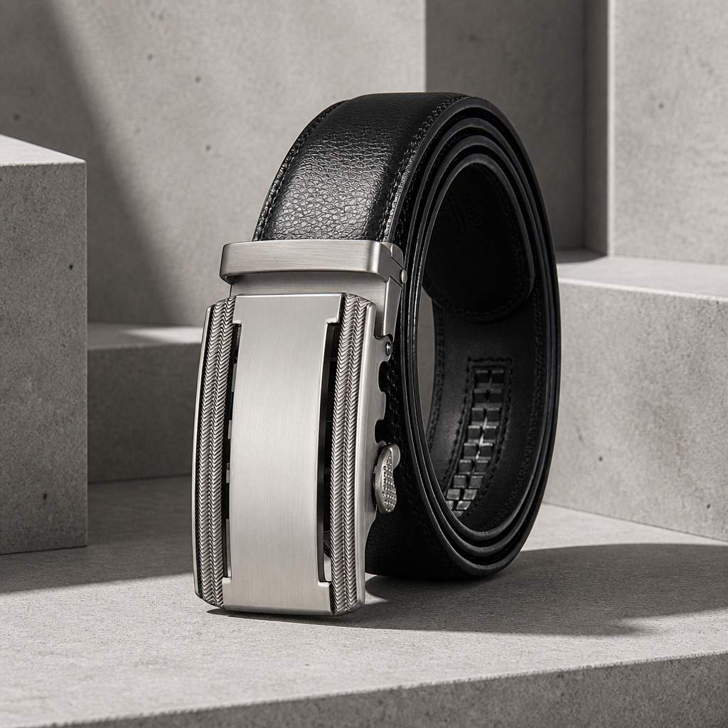 Ceinture personnalisée homme en cuir noir grainé, boucle automatique à plaque brossée gravable