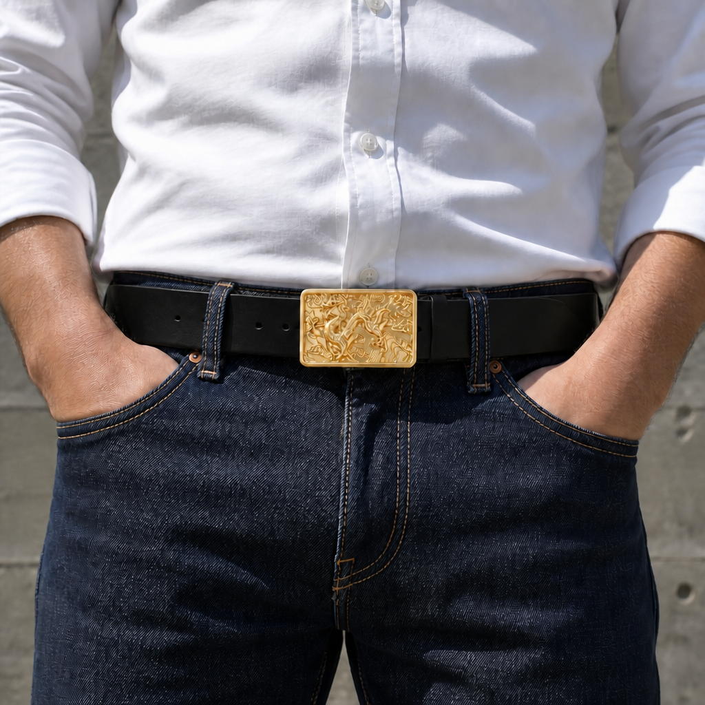 Ceinture plaque homme en cuir noir portée sur un jean brut, plaque dragon en laiton centrée