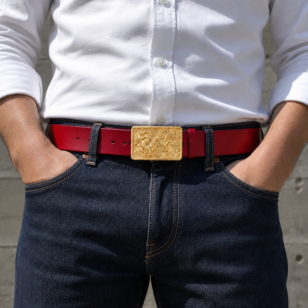 Ceinture plaque homme en cuir rouge portée sur un jean brut, plaque dragon en laiton