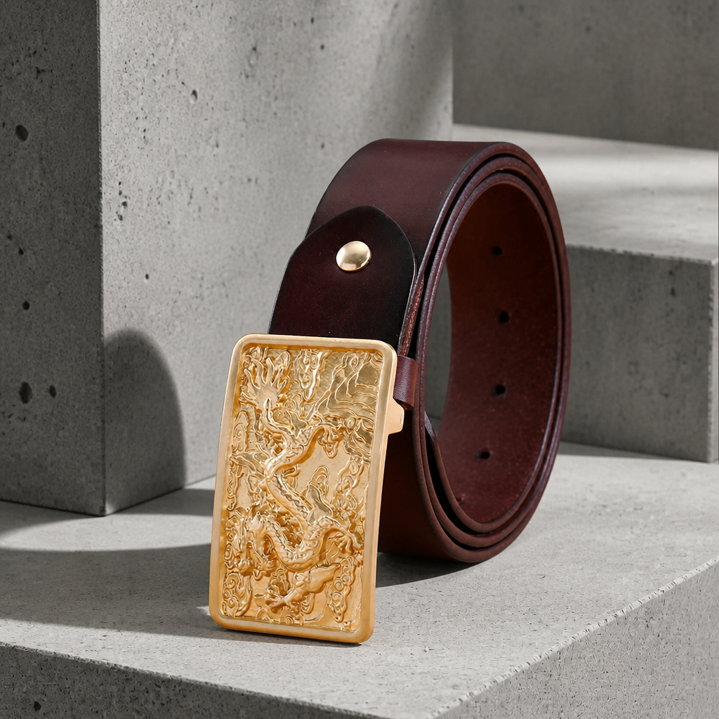 Ceinture plaque homme en cuir marron chocolat, boucle dragon en laiton doré