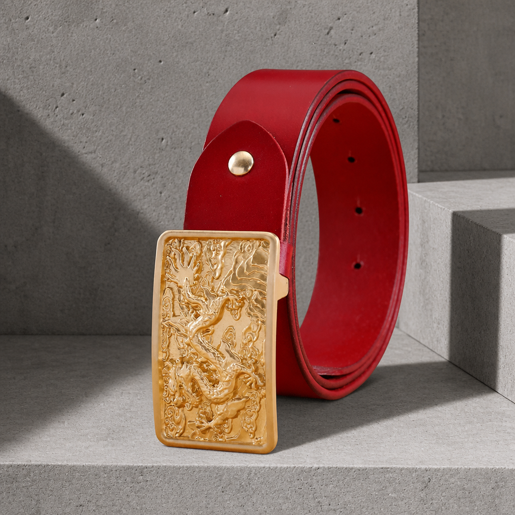Ceinture plaque homme en cuir rouge, boucle dragon en laiton doré