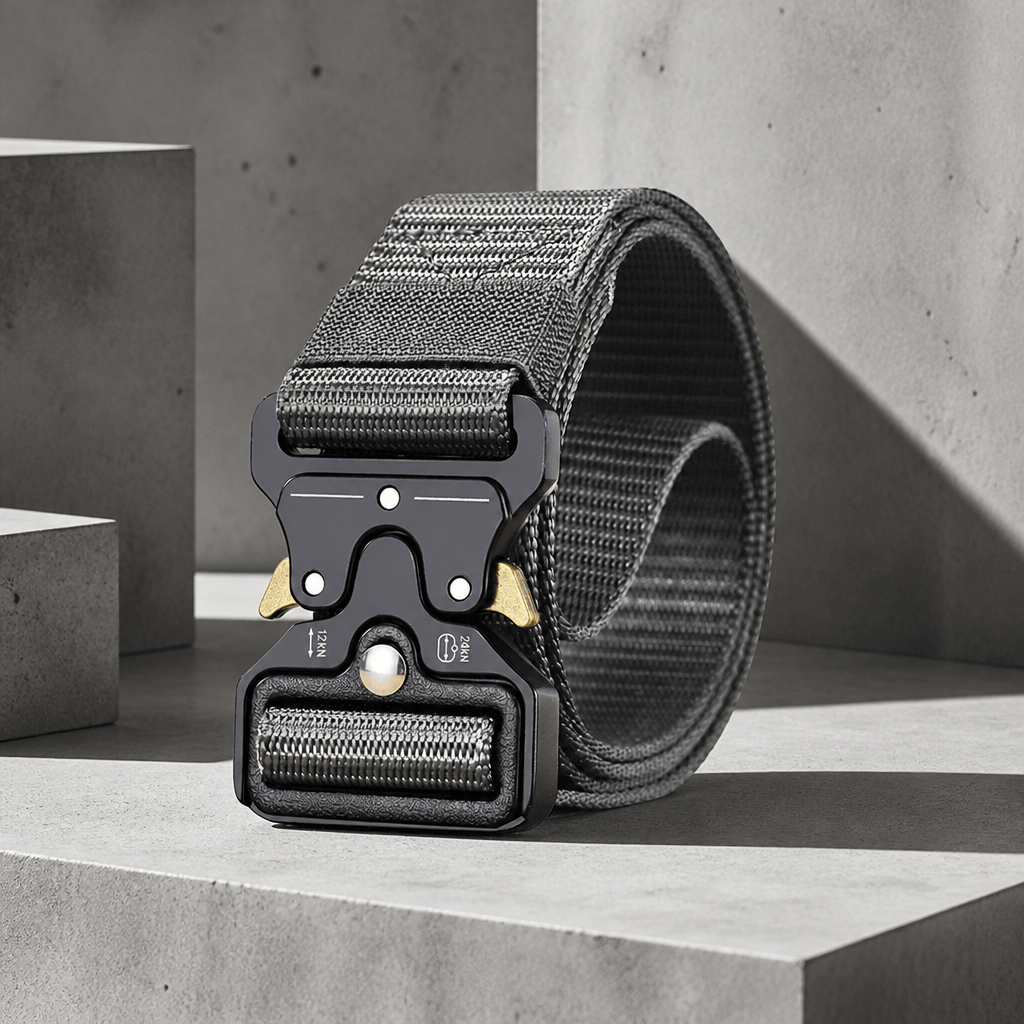 Ceinture réglable homme en sangle grise enroulée, boucle noire à leviers dorés
