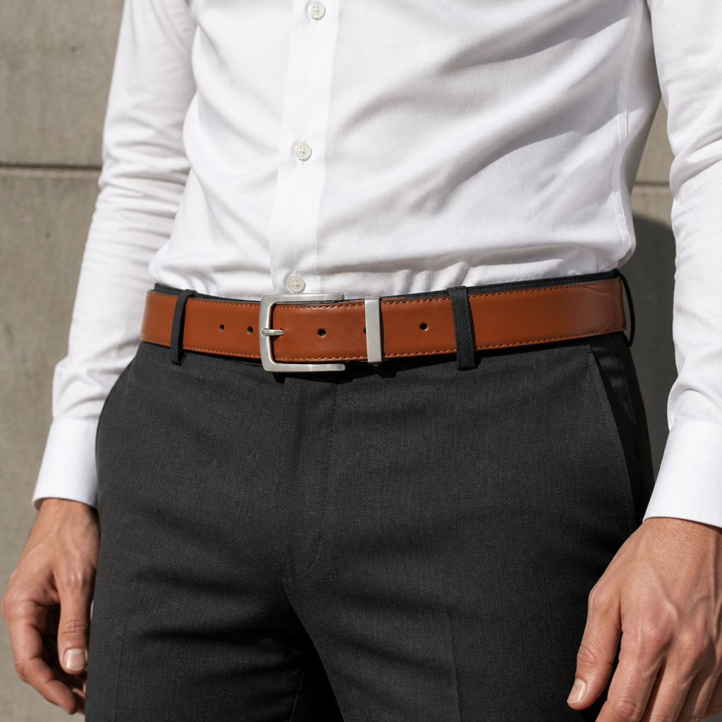 Ceinture réversible homme portée côté cognac avec une chemise blanche et un pantalon de costume anthracite