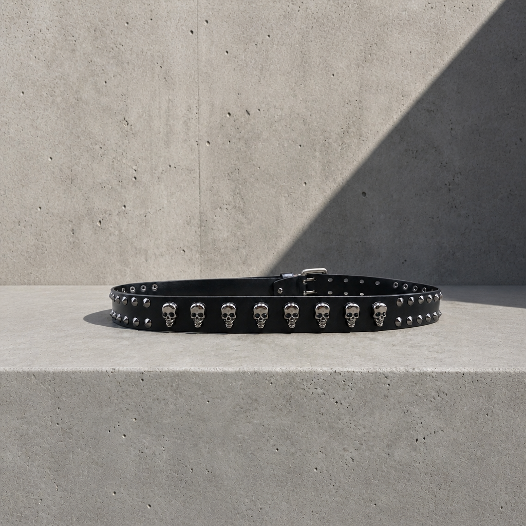 Vue d'ensemble de la ceinture rock homme noire à têtes de mort