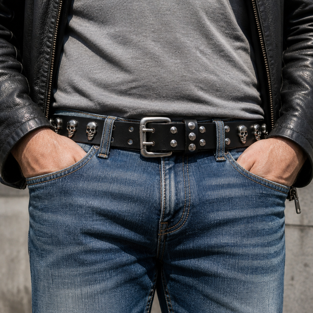 Ceinture rock homme noire portée sur un jean avec un blouson en cuir