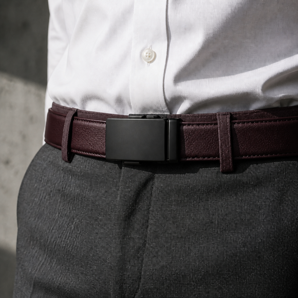Ceinture homme marron portée à la taille sur un pantalon de costume gris, boucle automatique noire mate