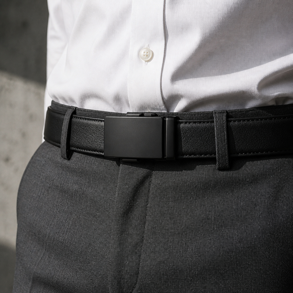 Ceinture homme noire portée à la taille sur un pantalon de costume gris, boucle automatique noire mate