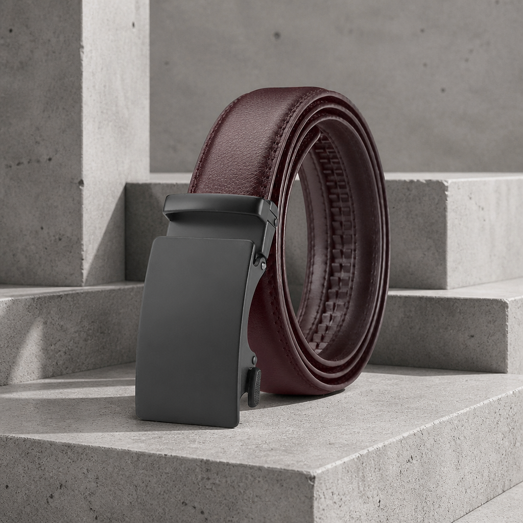 Ceinture homme marron sans trou, même boucle automatique noire mate, cuir de vachette, sur fond béton