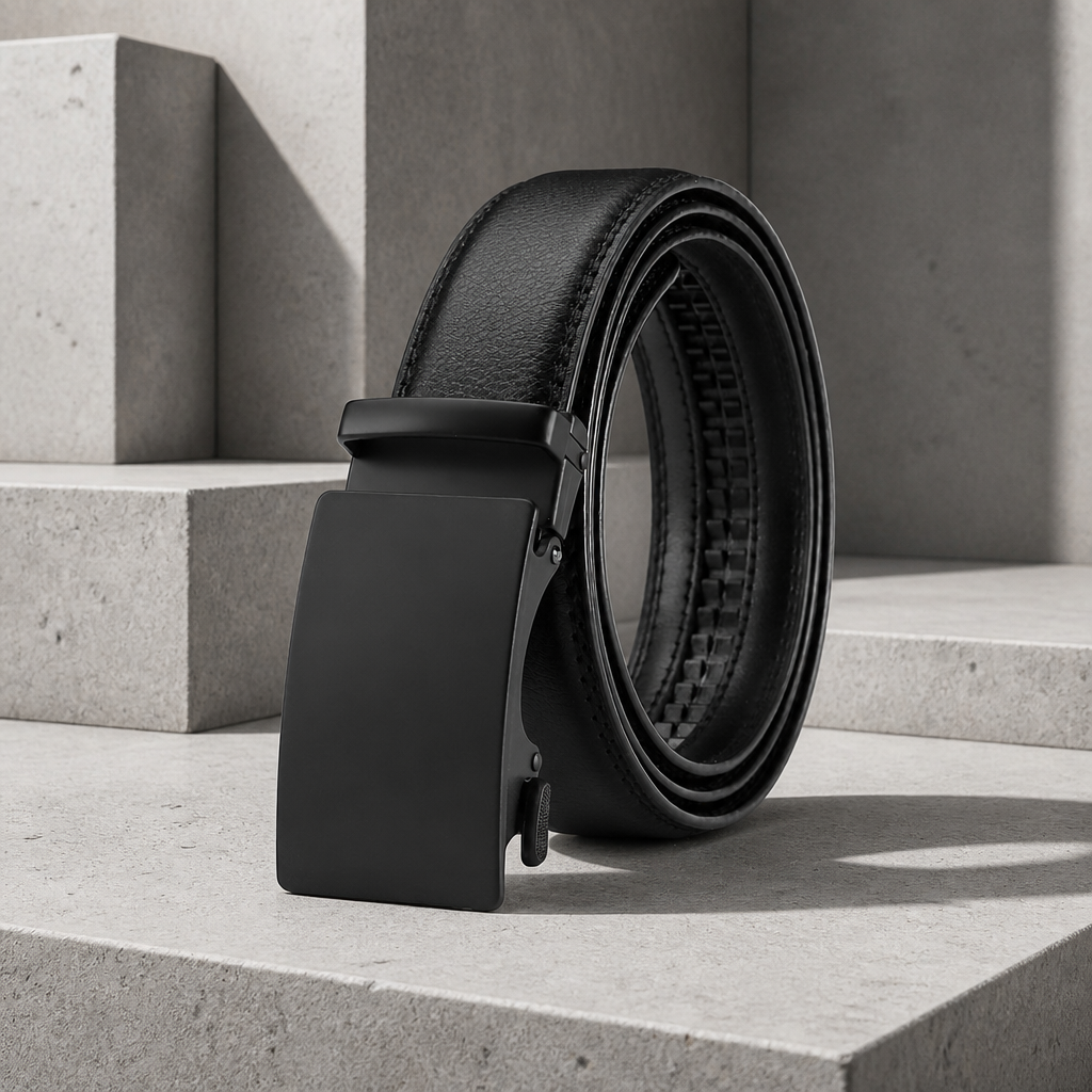 Ceinture homme noire sans trou, boucle automatique rectangulaire noire mate, cuir de vachette, sur fond béton