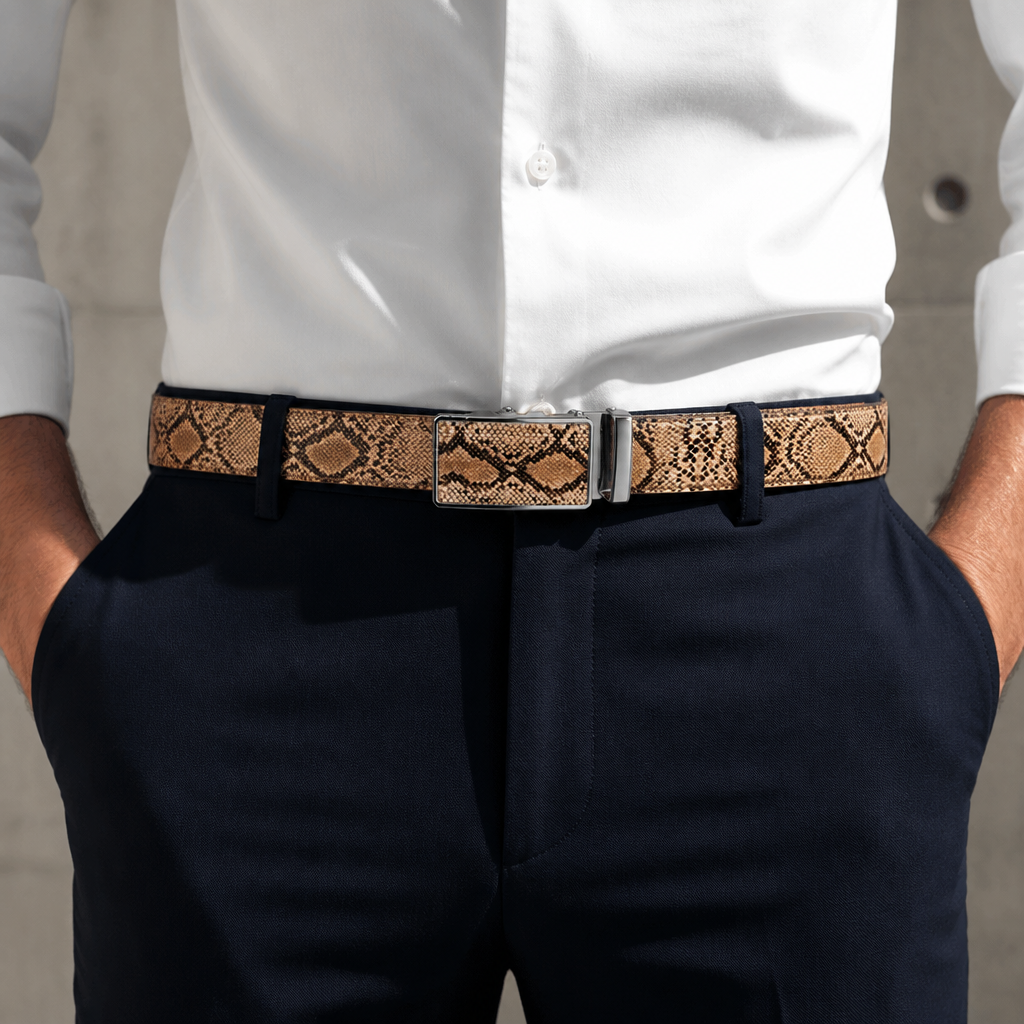 Ceinture serpent homme camel portée sur un pantalon bleu nuit et une chemise blanche