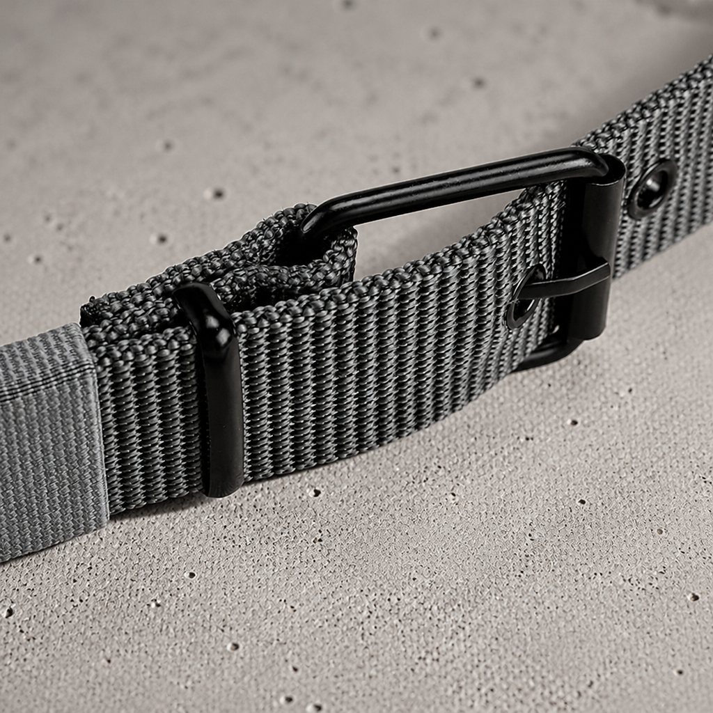 Détail de la boucle à rouleau noire et de l'ardillon de la ceinture sport homme
