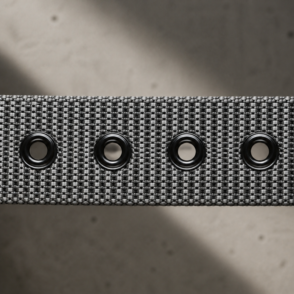 Détail des œillets cerclés de métal noir sur la sangle grise de la ceinture sport homme