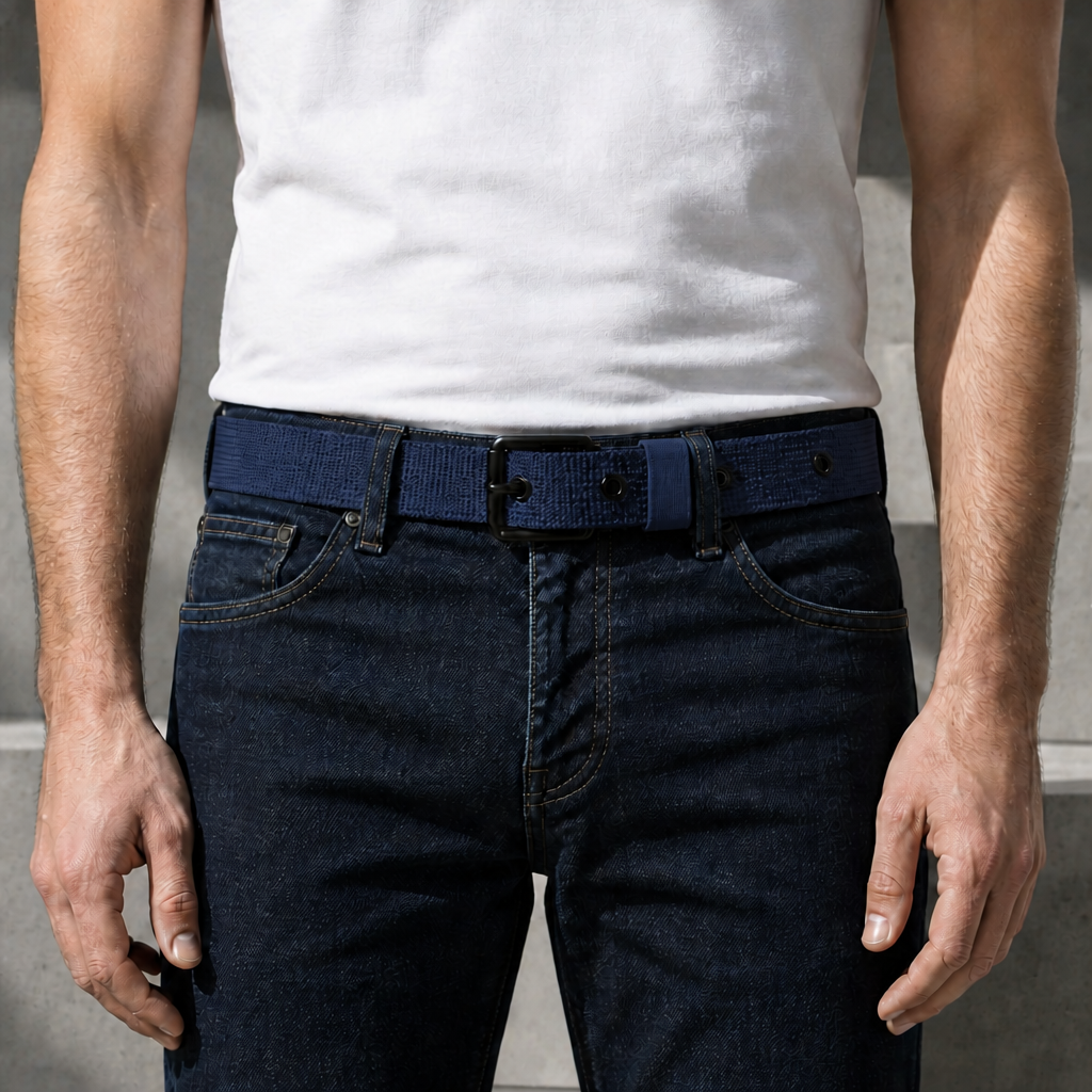 Homme portant la ceinture sport bleu marine à œillets sur un jean brut