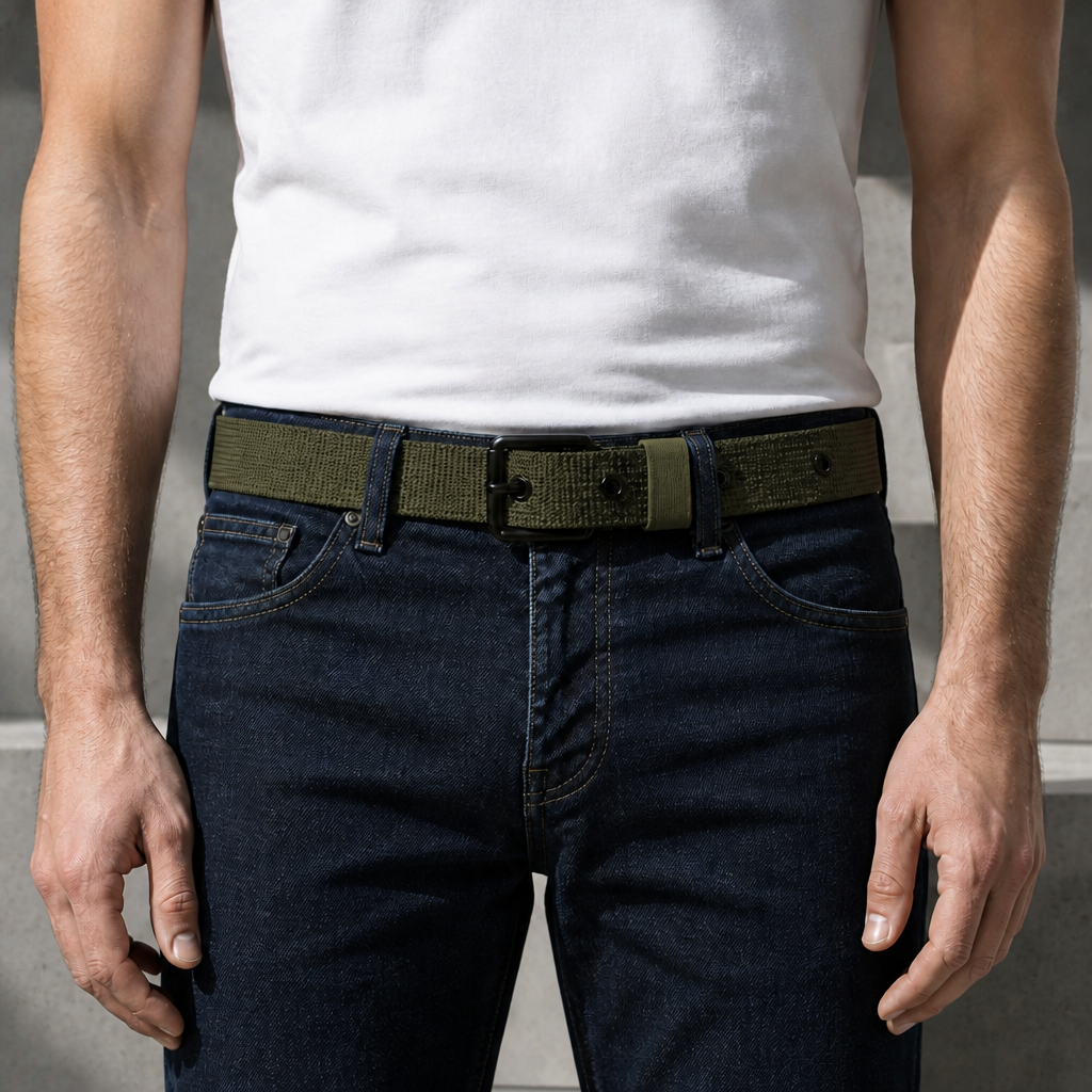Homme portant la ceinture sport vert armée à œillets sur un jean brut