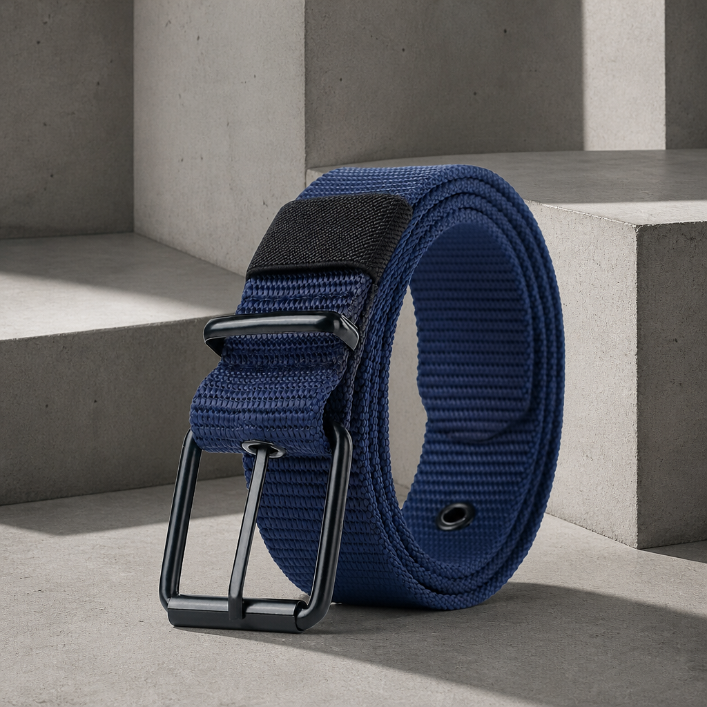 Ceinture sport homme bleu marine en sangle nylon à œillets, boucle noire