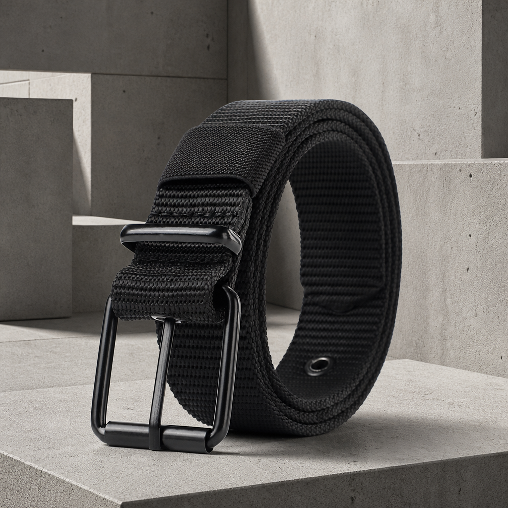 Ceinture sport homme noire en sangle nylon à œillets, boucle à ardillon noire