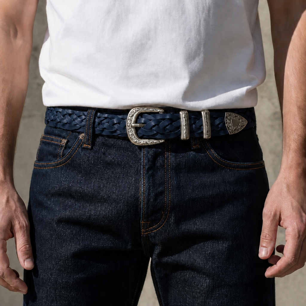 Ceinture style western homme en cuir tressé bleu marine portée sur un jean brut