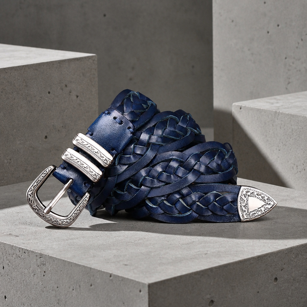 Ceinture style western homme en cuir tressé bleu marine, boucle ciselée argent vieilli