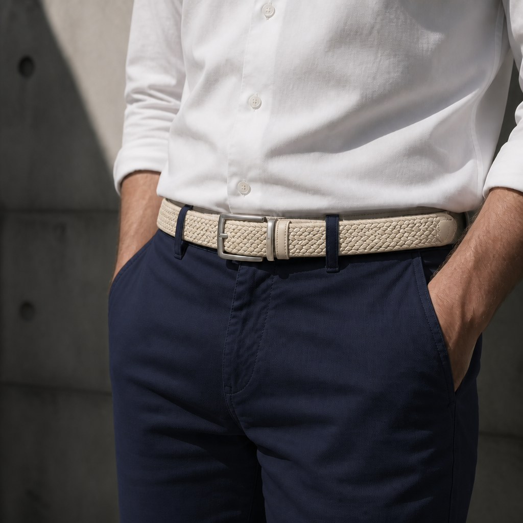 Ceinture tressée élastique homme beige portée à la taille sur un pantalon marine et une chemise blanche