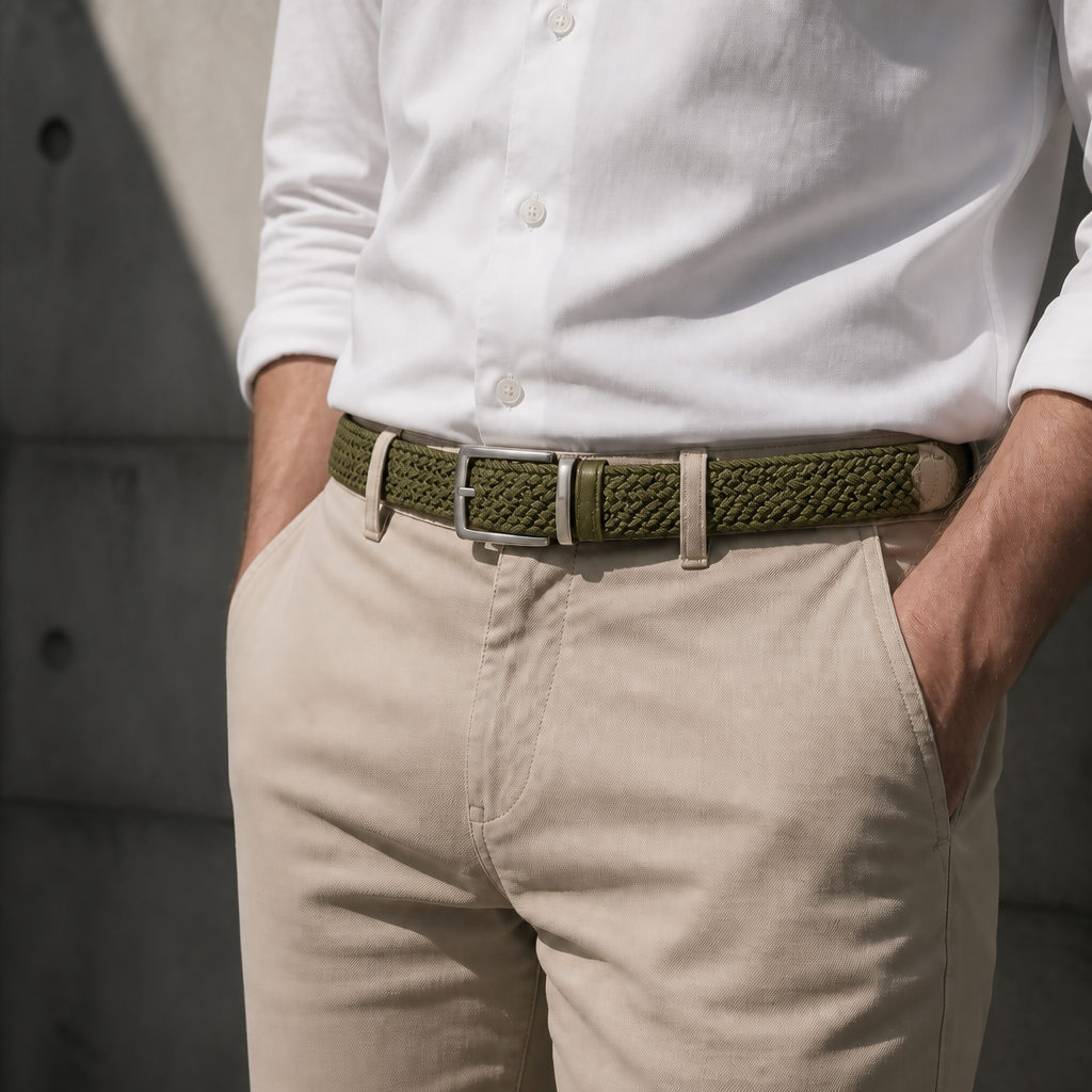 Ceinture tressée élastique homme kaki portée à la taille sur un chino beige et une chemise blanche