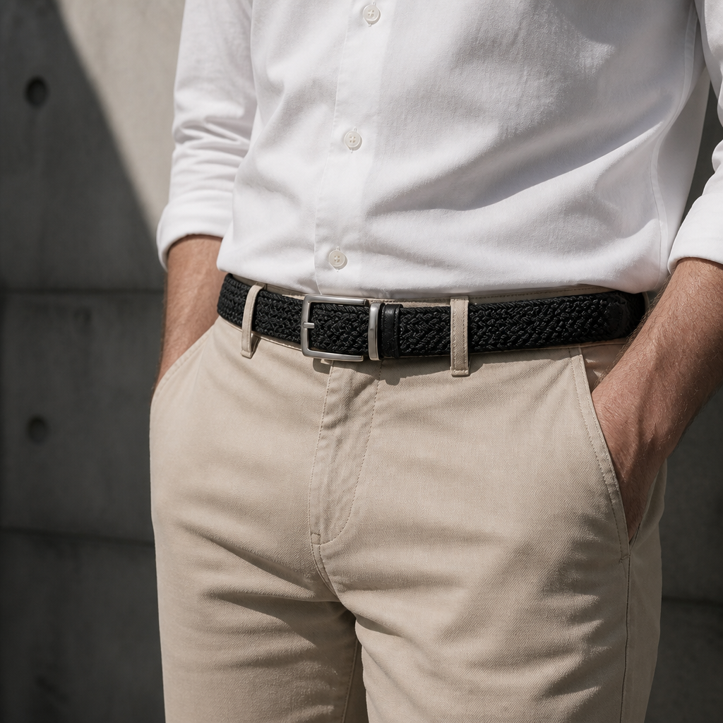 Ceinture tressée élastique homme noire portée à la taille sur un chino beige et une chemise blanche