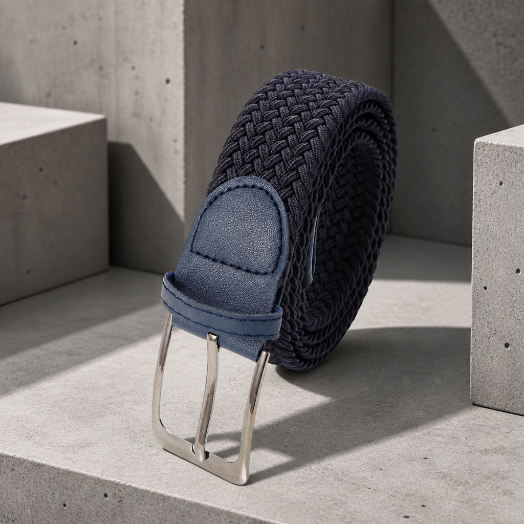 Ceinture tressée élastique homme bleue en toile, même boucle à ardillon, sur fond béton