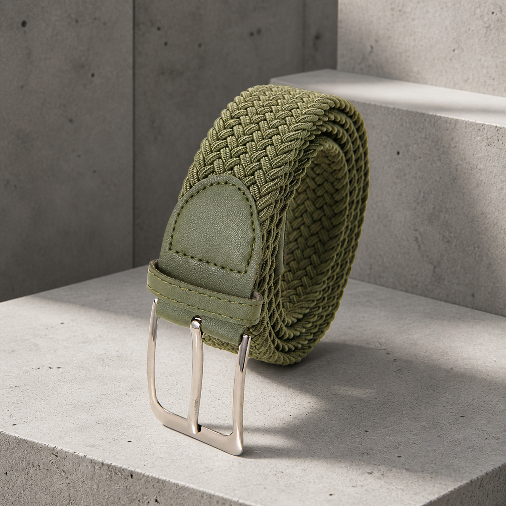 Ceinture tressée élastique homme kaki en toile, même boucle à ardillon, sur fond béton