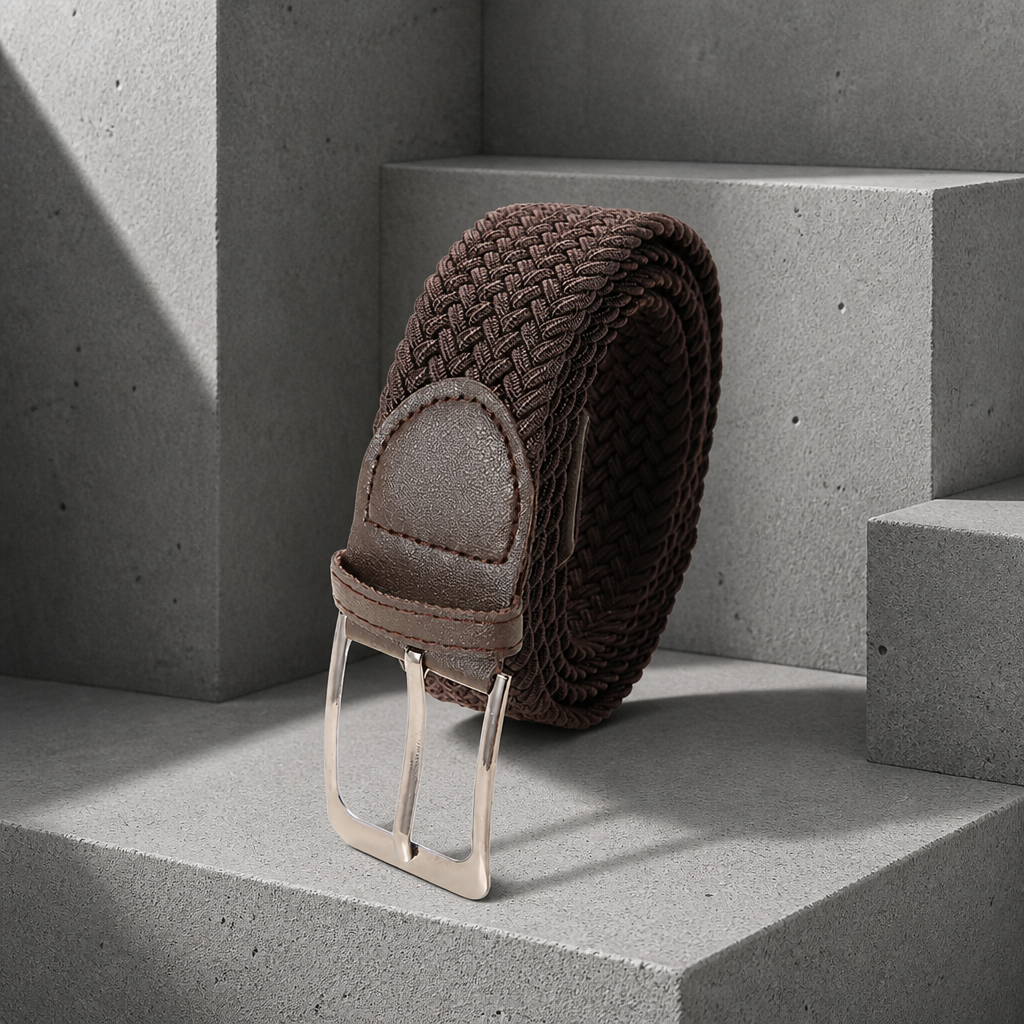 Ceinture tressée élastique homme marron café en toile, même boucle à ardillon, sur fond béton