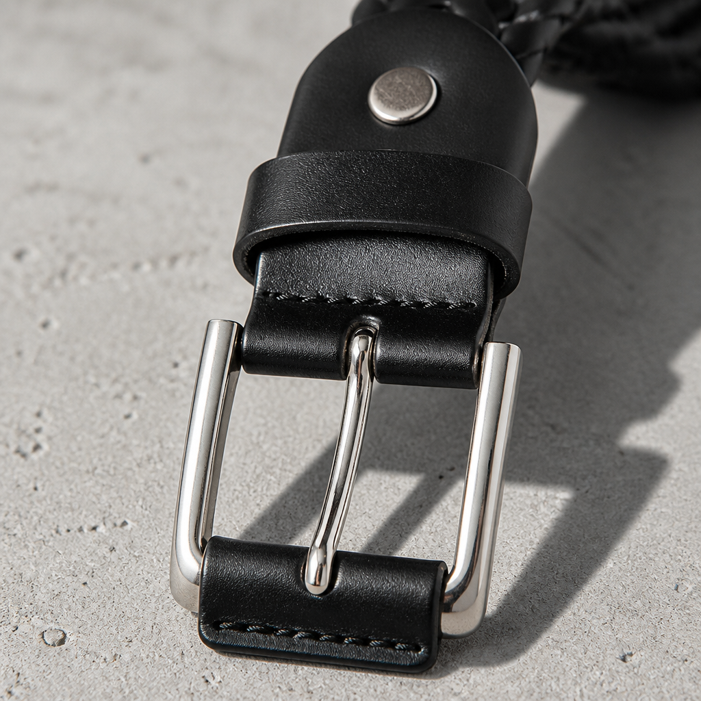 Macro de la boucle à ardillon polie et du bouton pression d'une ceinture vegan homme tressée