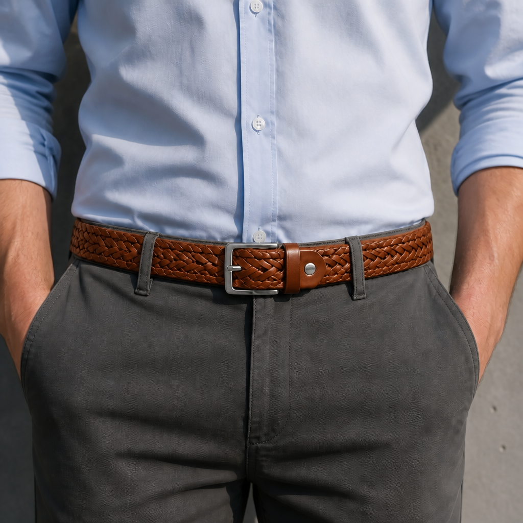 Ceinture vegan homme tressée cognac bouclée à la taille sur un chino gris
