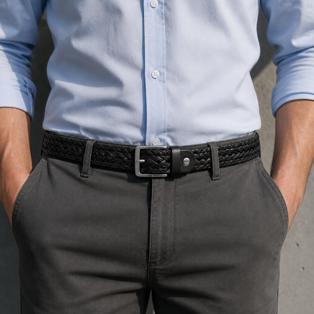 Ceinture vegan homme tressée noire bouclée à la taille sur un chino gris