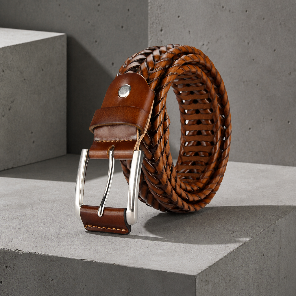 Ceinture vegan homme tressée plate marron cognac, boucle argentée, sur un bloc de béton