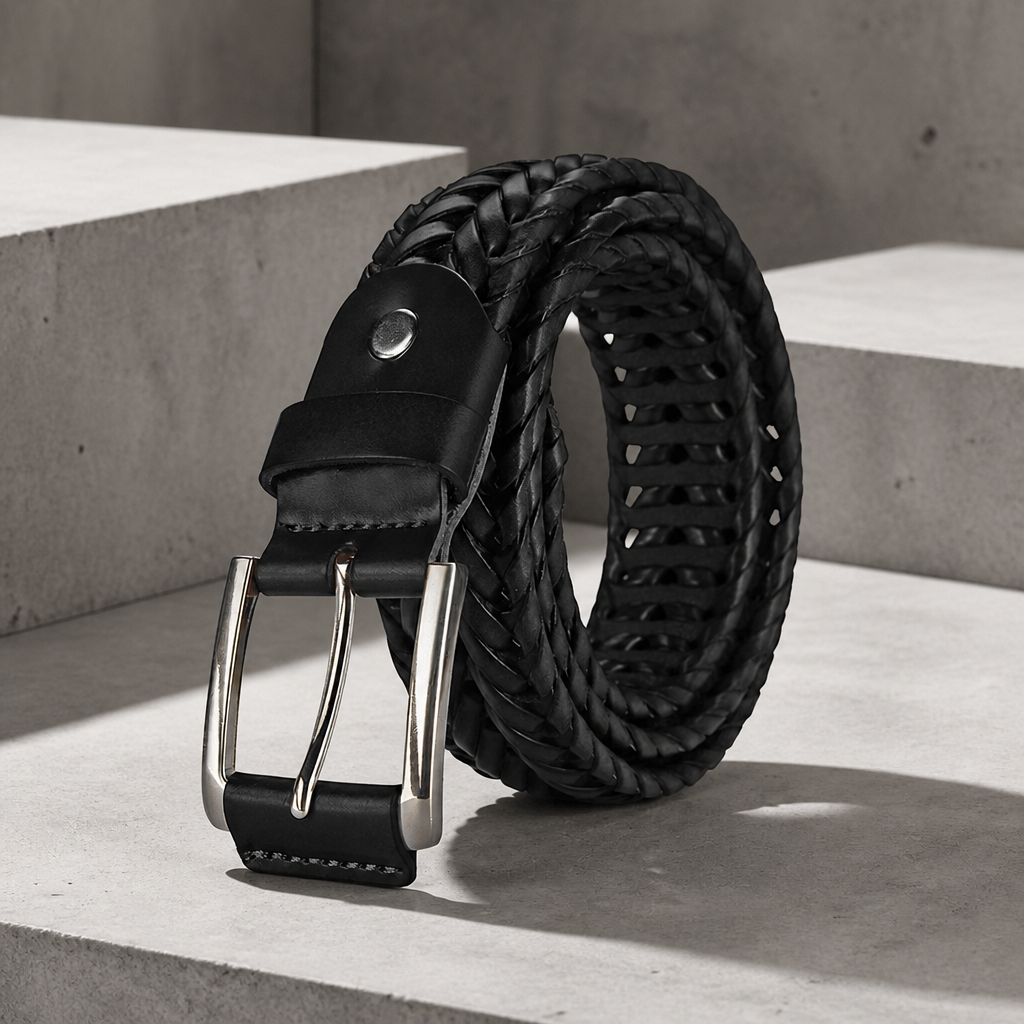 Ceinture vegan homme tressée plate noire, boucle argentée, posée sur un bloc de béton