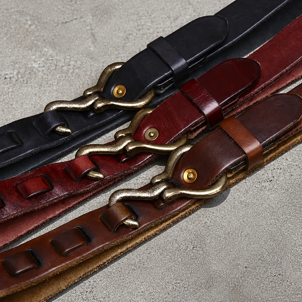 Les trois teintes de la ceinture vintage homme côte à côte : noir, bordeaux, marron