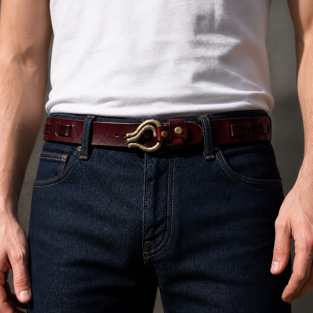 Ceinture vintage homme bordeaux portée sur un jean brut, crochet doré au centre