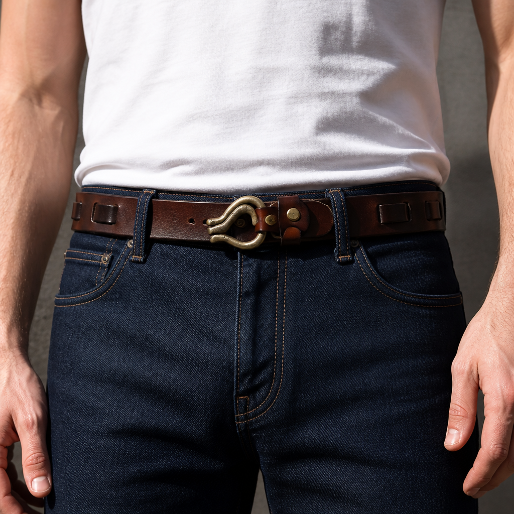 Ceinture vintage homme marron portée sur un jean brut avec un tee-shirt blanc